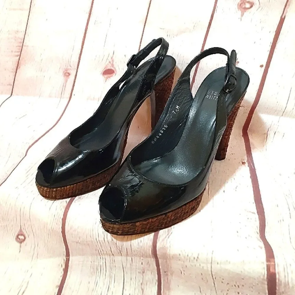 Stuart Weitzman Black Patent Leather Peeptoe Slingback Pumps sz.7.5M MSRP $395